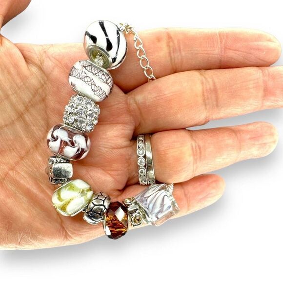 Charm Bracelet Glass Beads Metal Spacer Rib Style Chain Link - Picture 7 of 8